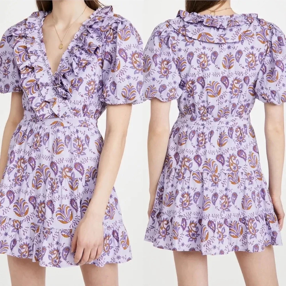 Pink Ripple Paisley Lilac Ruffle Mini Cocktail Dress Women’s Lightweight‎ Size L